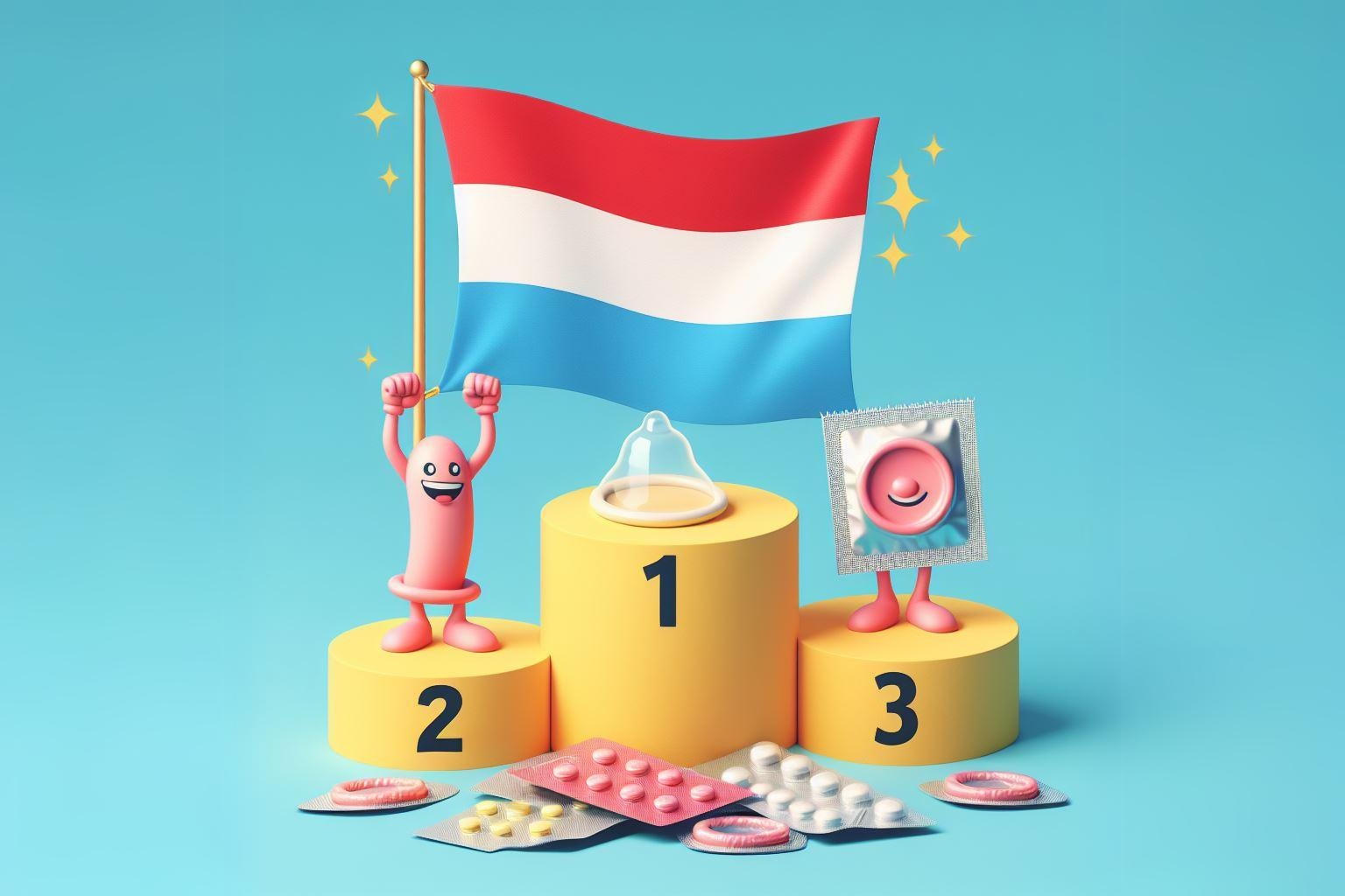 Luxemburg vlag als nummer 1 op een winnaarspodium over anticonceptie