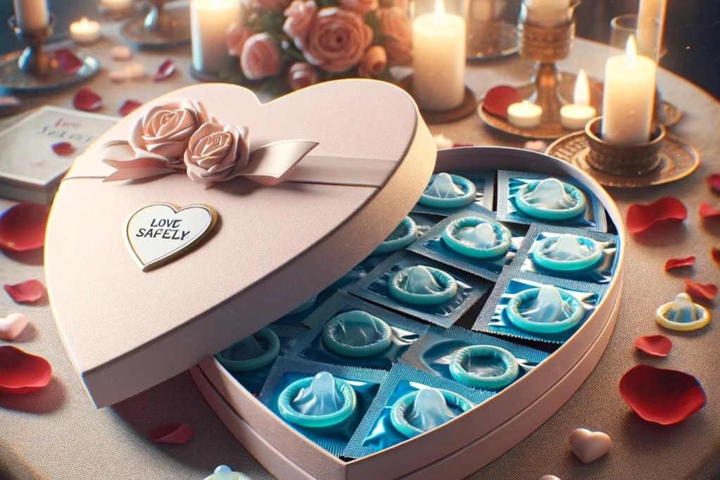 Condooms in een hartvormig doosje voor Valentijnsdag