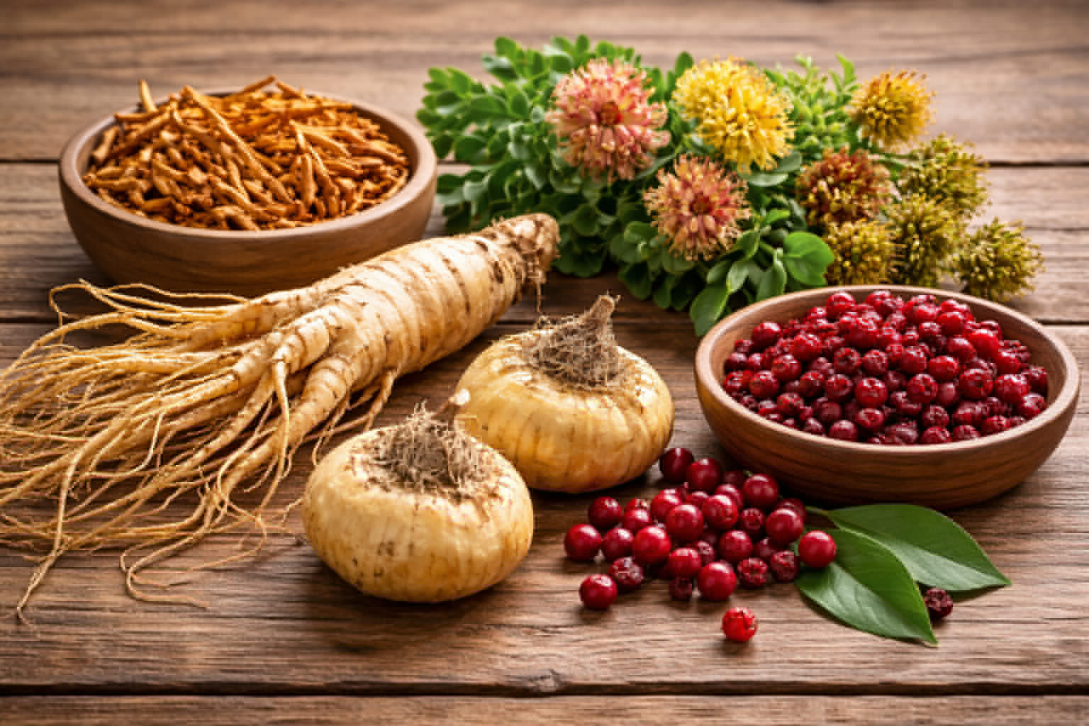 Ingrediënten in veel seksuele kruidenversterkers: Ginseng, Cordyceps, Rhodiola, Schisandra en Maca.